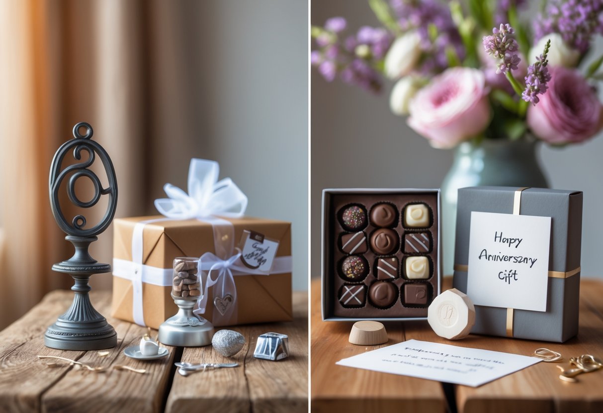 A wooden table displaying traditional iron and candy-themed anniversary gifts alongside modern personalized decor and silver jewelry, with flowers and a note nearby.