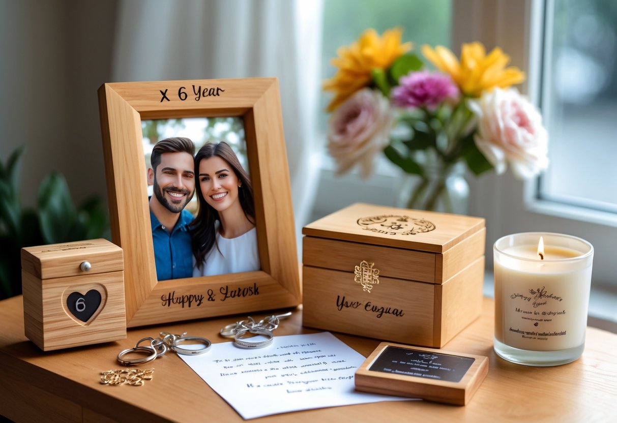 A wooden table displaying various personalized anniversary gifts including a photo frame, keychains, a jewelry box, and a candle, with flowers in the background.