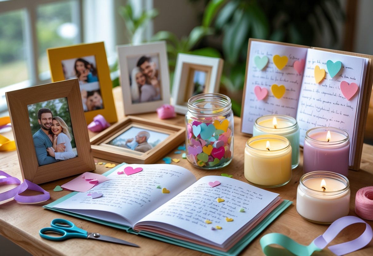 A table displaying handmade anniversary gifts including photo frames, a scrapbook, candles, and a jar of love notes with crafting supplies around them.
