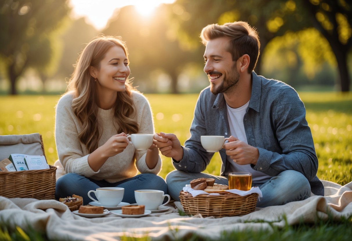 A happy couple enjoying a picnic in a sunlit park, celebrating their anniversary with small gifts and smiling warmly at each other.