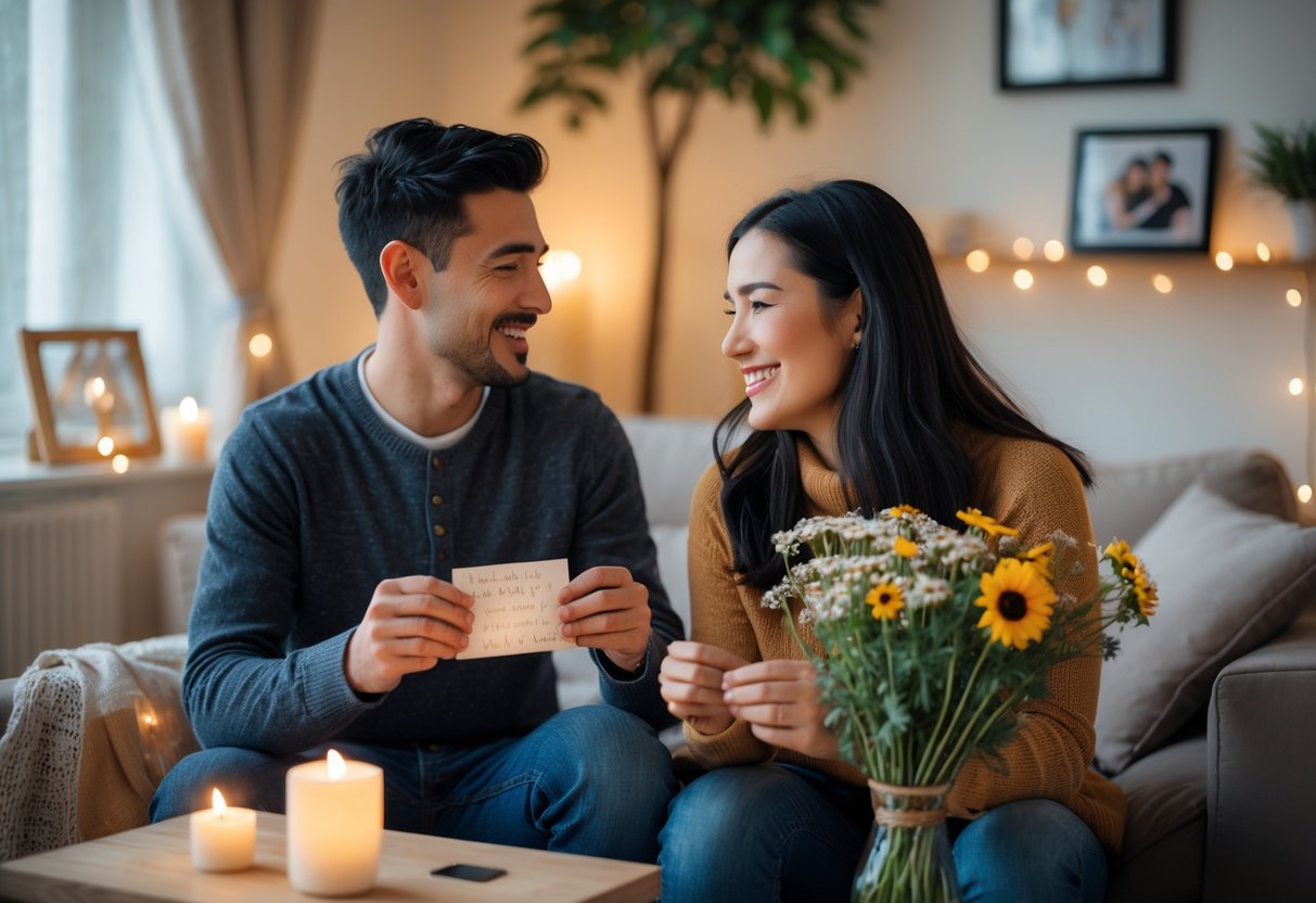 A couple exchanging small, thoughtful anniversary gifts in a cozy living room decorated with candles and fairy lights.
