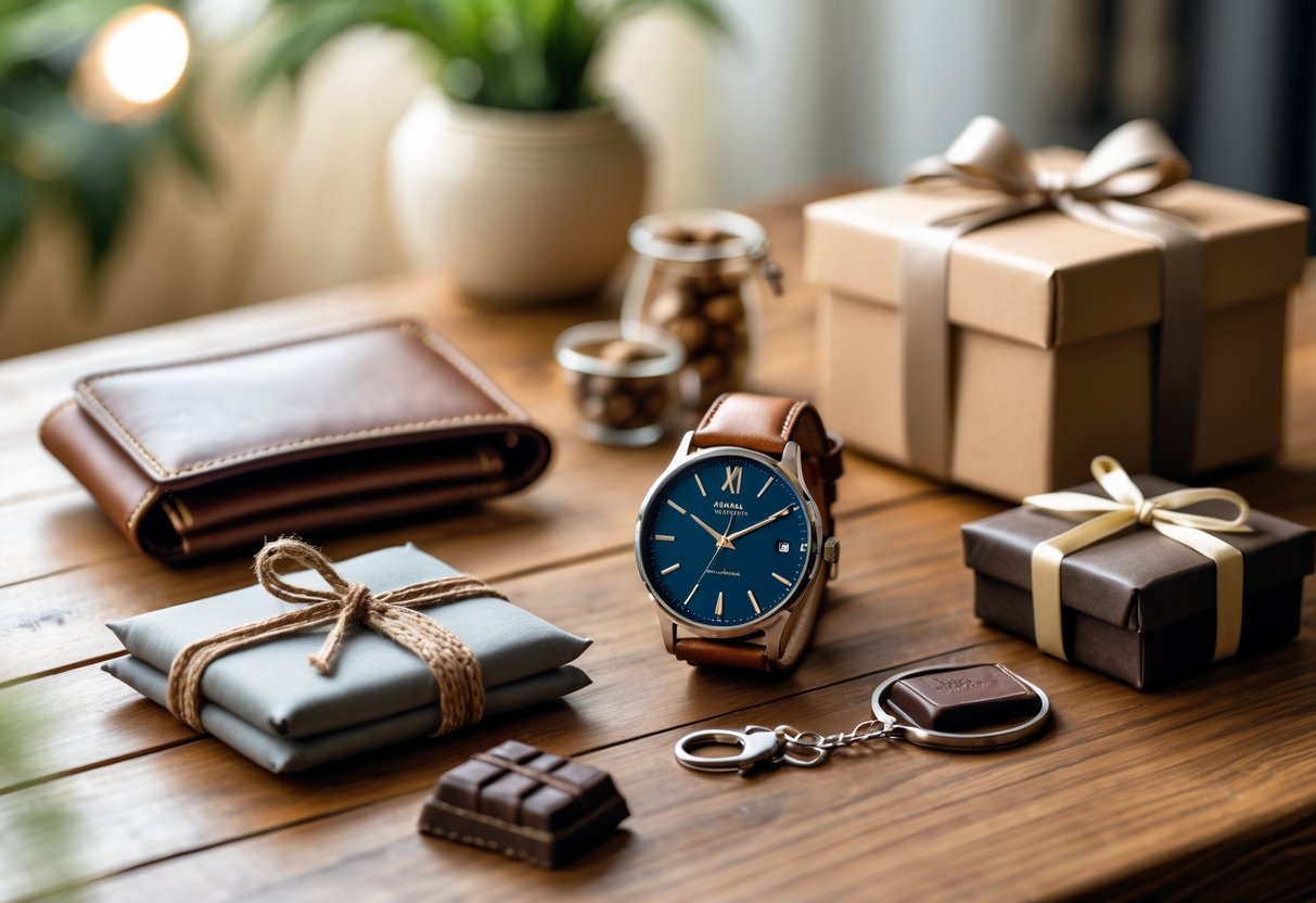 A table with affordable anniversary gifts for him including a leather wallet, wristwatch, keychain, chocolates, and a wrapped gift box.
