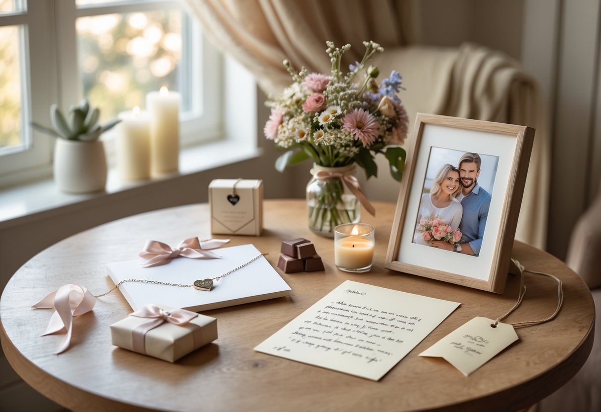 A table with a silver heart necklace, a handwritten love note, chocolates, a bouquet of wildflowers, and a framed photo, arranged in a cozy room with soft natural light.