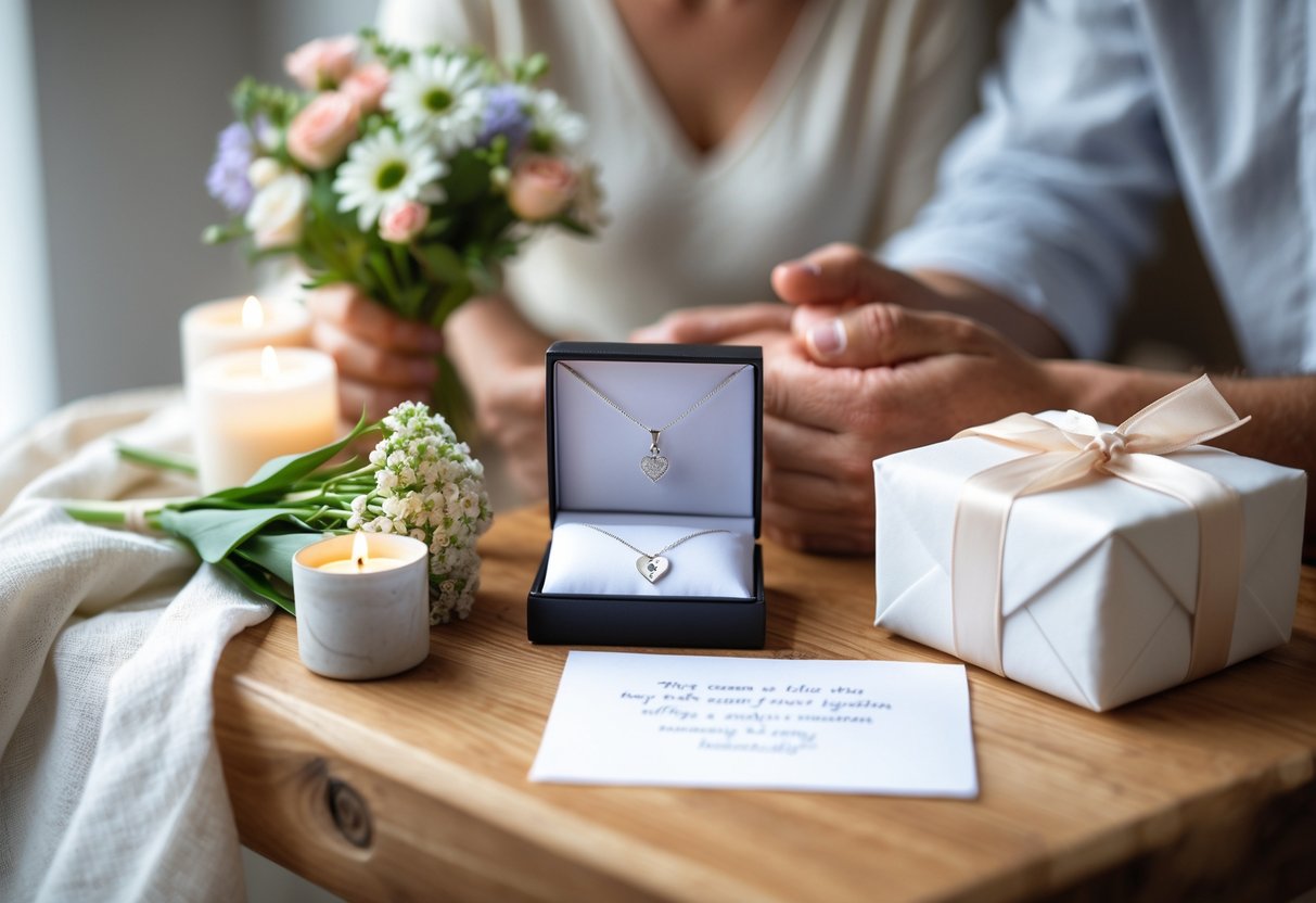 A wooden table with affordable anniversary gifts including flowers, a silver necklace, a handwritten card, and a wrapped present, with a couple holding hands in the background.