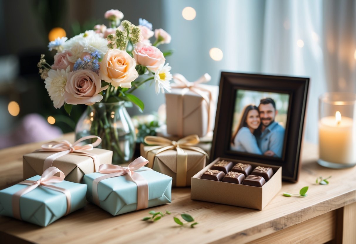 A table displaying affordable and thoughtful 6-year anniversary gifts including wrapped presents, flowers, a photo frame, and chocolates in a cozy setting.