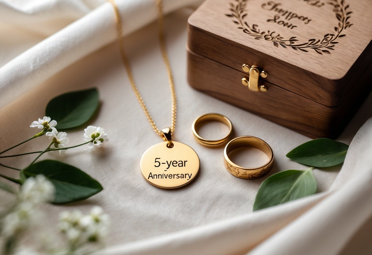 Close-up of personalized jewelry and keepsakes arranged on fabric with flowers and leaves.