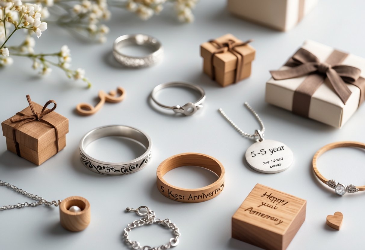 A flat lay of personalized jewelry and wooden keepsakes arranged on a neutral surface with flowers and a small gift box.