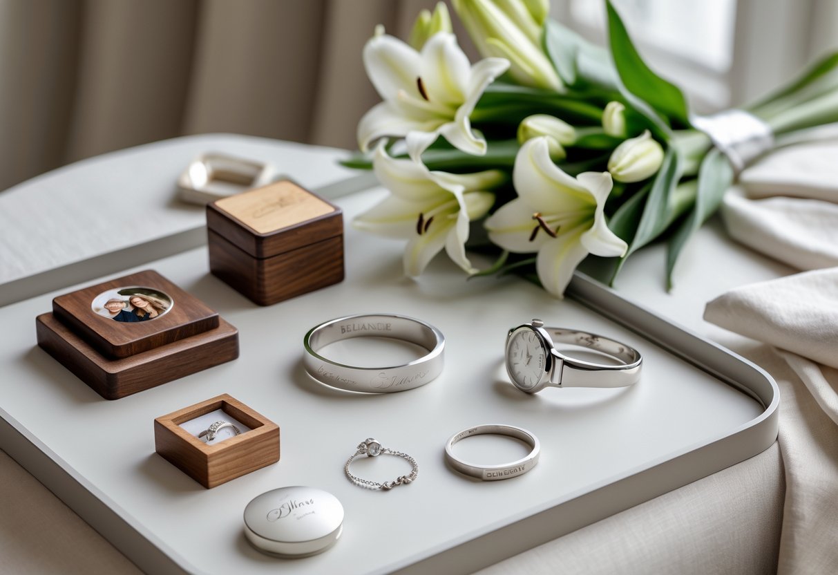 A collection of personalized silver jewelry and keepsakes arranged on a surface, including rings, a bracelet, a watch, a wooden box, a silver photo frame, and a bouquet of lilies.