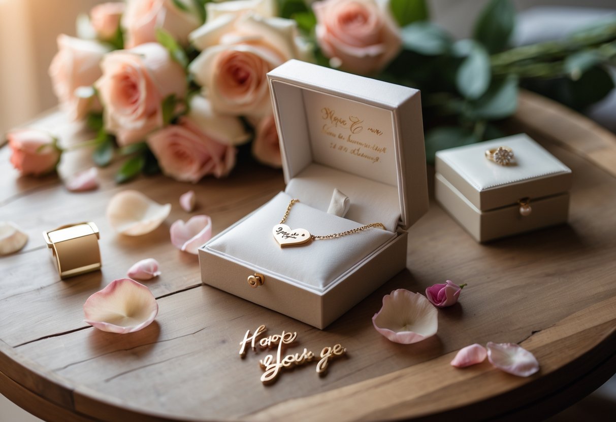 An open jewelry box on a wooden table displaying a personalized necklace surrounded by rose petals and a small bouquet of flowers.