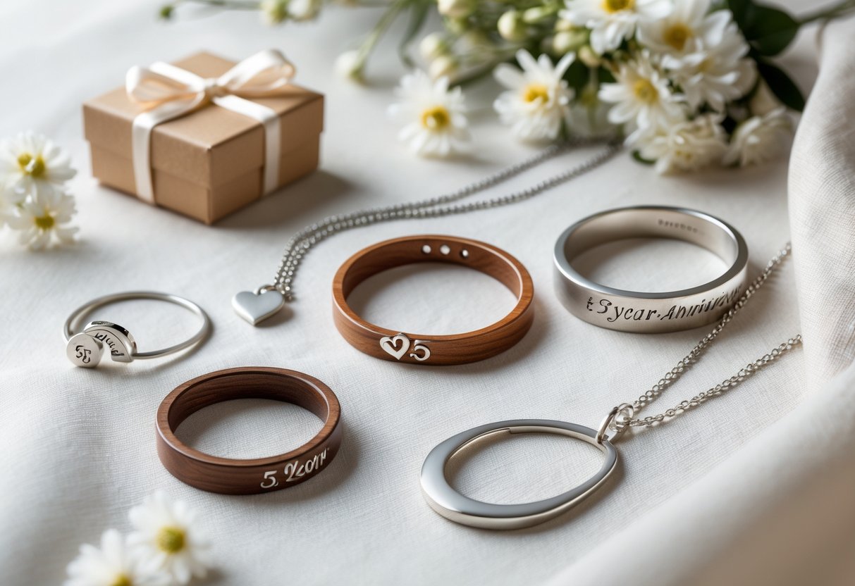 An arrangement of engraved silver and wood jewelry pieces including bracelets, necklaces, and rings displayed with white flowers and a gift box on a soft fabric background.
