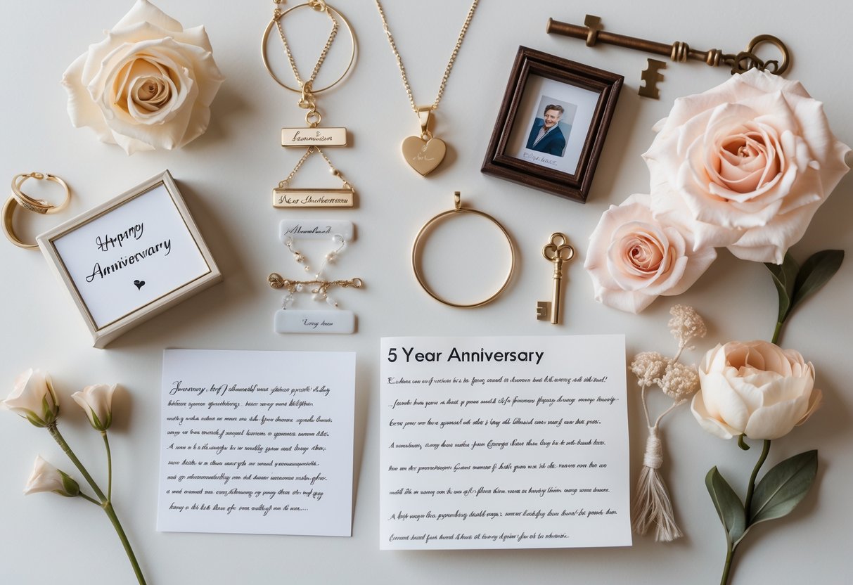 A flat lay of personalized anniversary jewelry and keepsakes including engraved rings, bracelets, a photo frame, and a handwritten letter arranged with flowers on a neutral background.