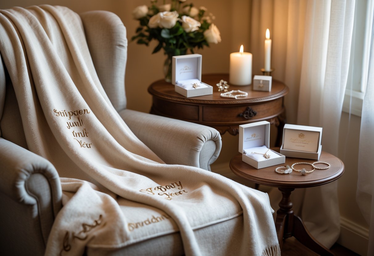 A cozy scene with a personalized blanket on an armchair and a table holding engraved jewelry and keepsakes, set in warm natural light.