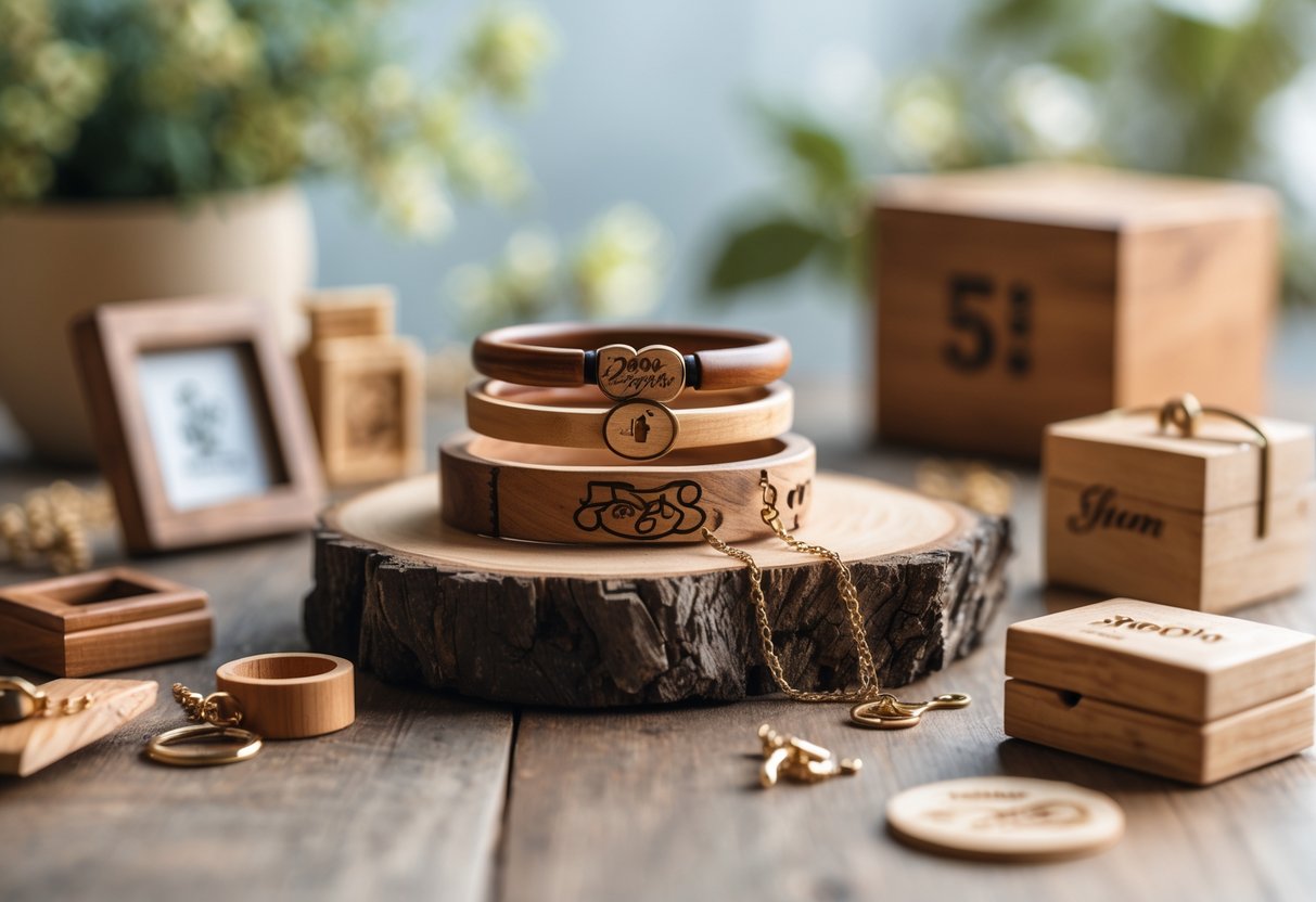 A collection of wooden jewelry and keepsakes arranged on a wooden surface with soft natural lighting and a blurred green background.
