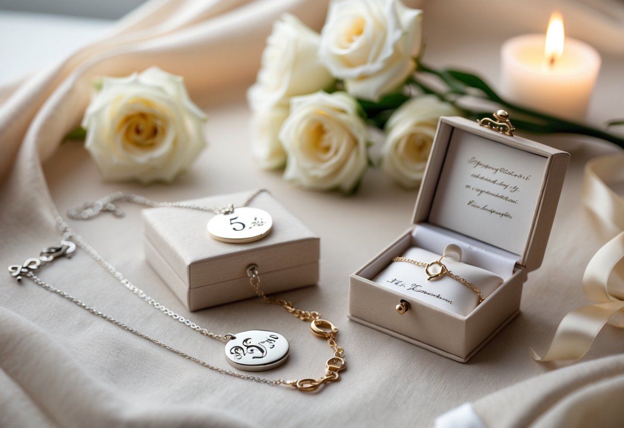 An arrangement of personalized jewelry and keepsakes including a necklace with an engraved pendant, a bracelet with initials, and a small keepsake box with a note, displayed on a soft fabric surface with flowers nearby.