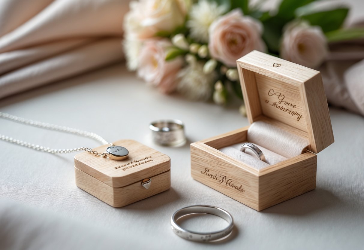 Close-up of personalized jewelry and keepsakes arranged on a soft surface with a blurred anniversary celebration setup in the background.