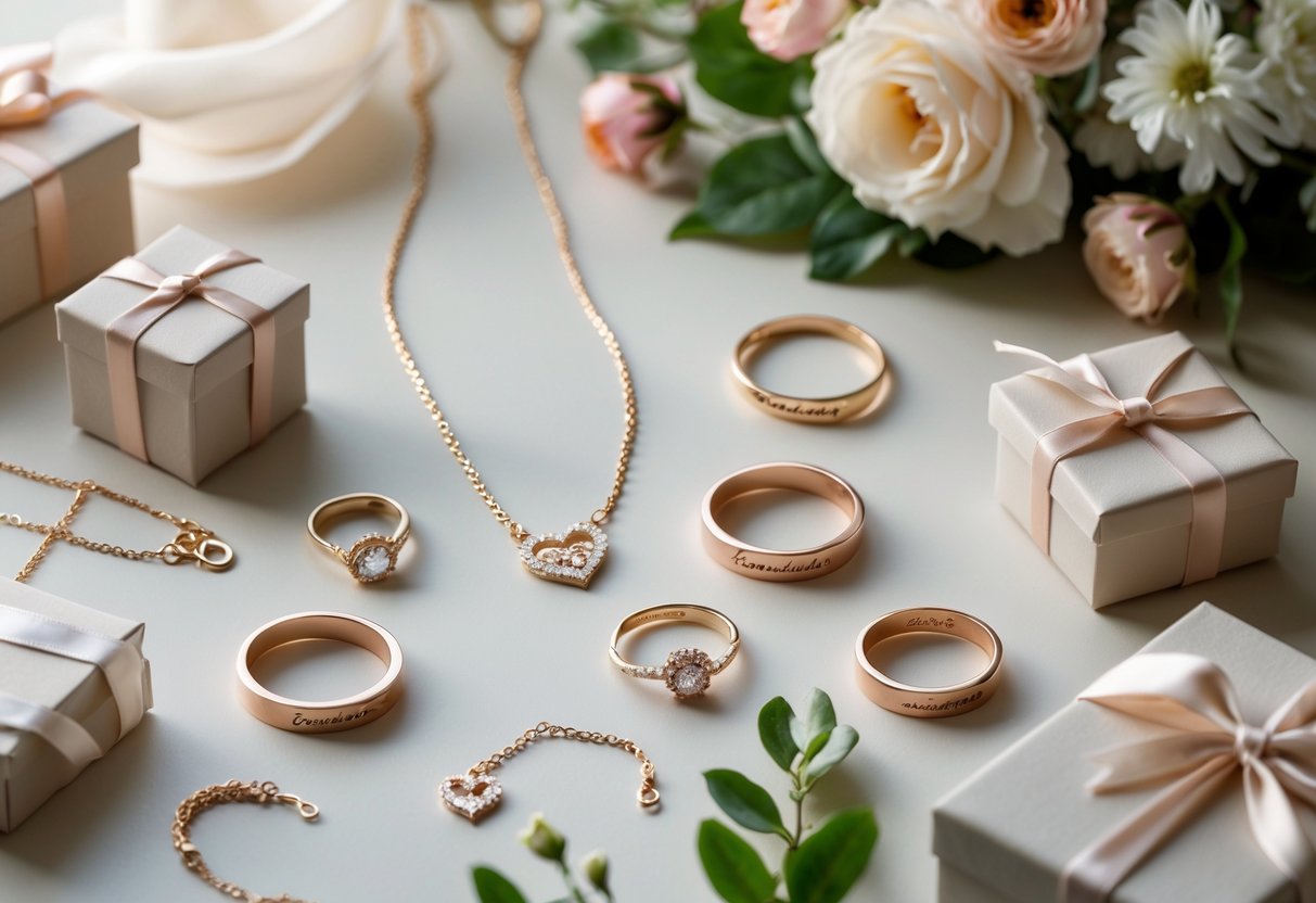 A display of personalized jewelry and keepsakes arranged with flowers and gift boxes on a soft background.