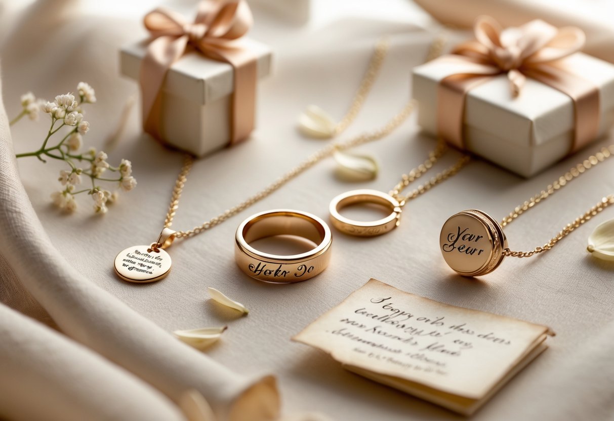 Close-up of personalized jewelry and keepsakes arranged on fabric with flower petals and a small gift box.