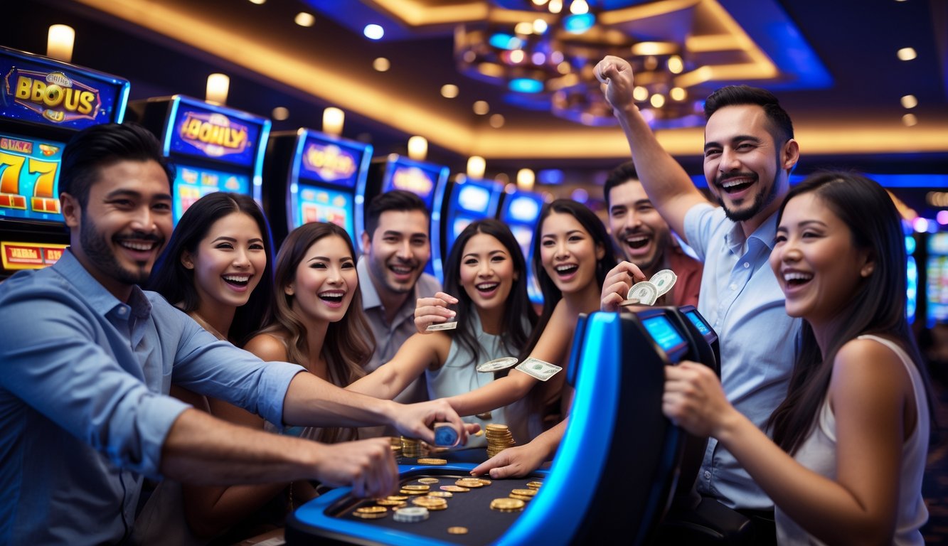 Orang-orang yang bahagia merayakan kemenangan di mesin slot di kasino.