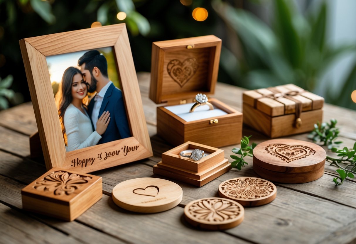 A collection of handcrafted wooden anniversary gifts including a photo frame, jewelry box, coasters, and keepsake box arranged on a wooden table.