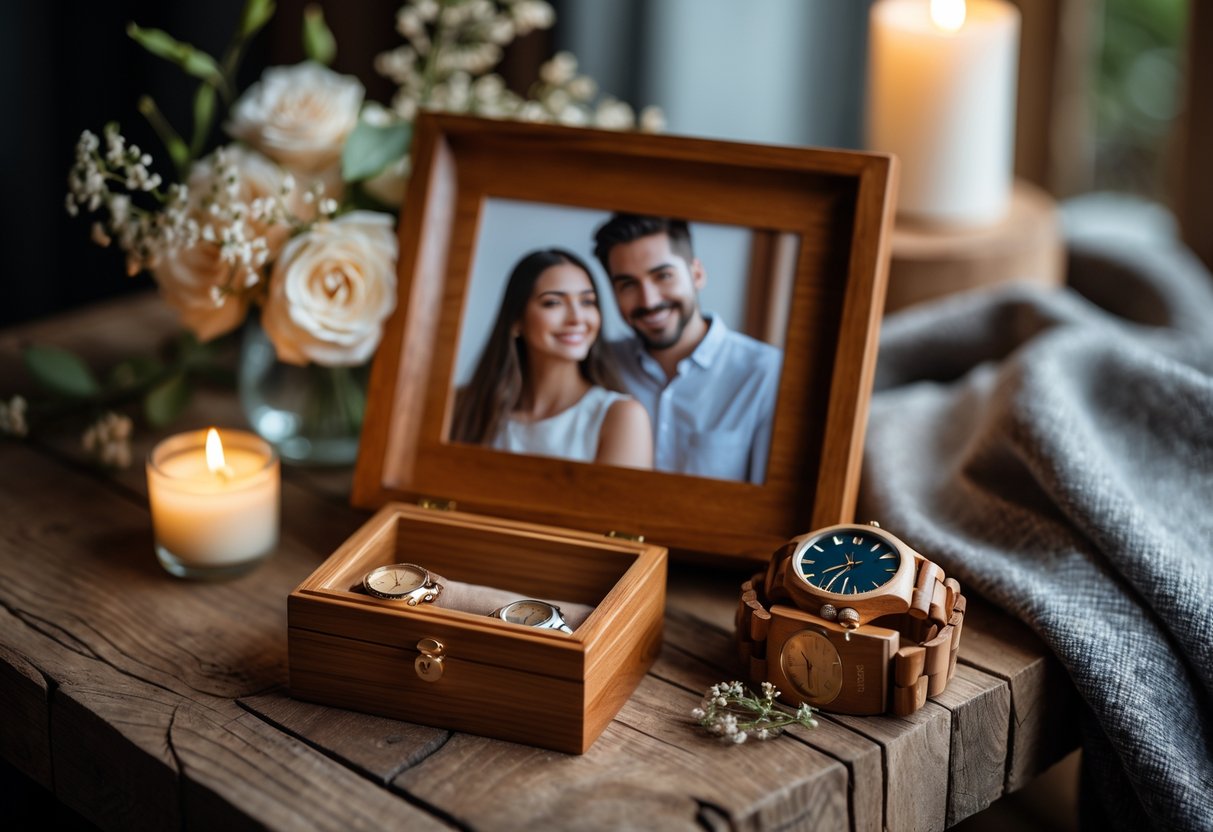 A wooden anniversary gift setup with a wooden photo frame, jewelry box, and matching watches on a wooden table surrounded by flowers and a candle.