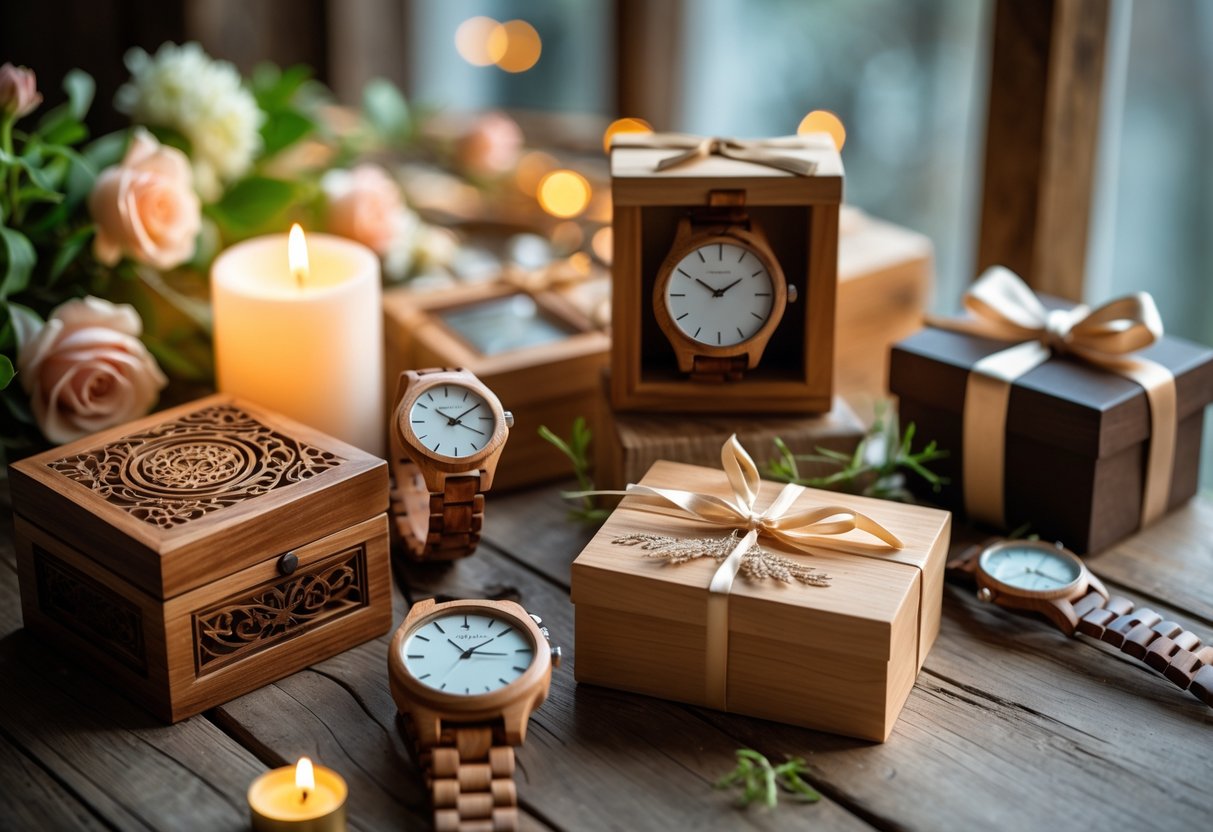 A collection of wooden anniversary gifts including carved keepsake boxes, photo frames, and wooden wristwatches arranged on a wooden table with flowers and a candle.