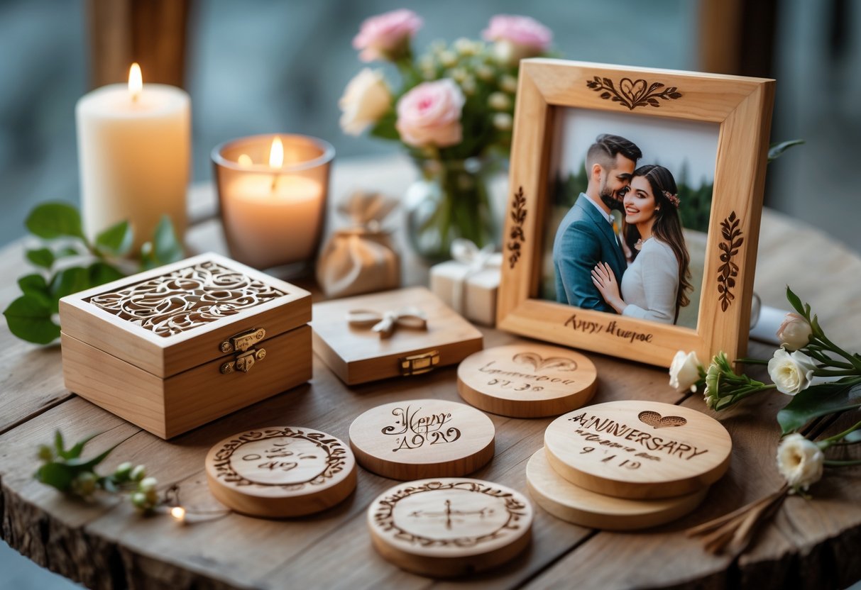A collection of handcrafted wooden anniversary gifts including a jewelry box, photo frame, and coasters arranged on a wooden table with flowers and a candle.