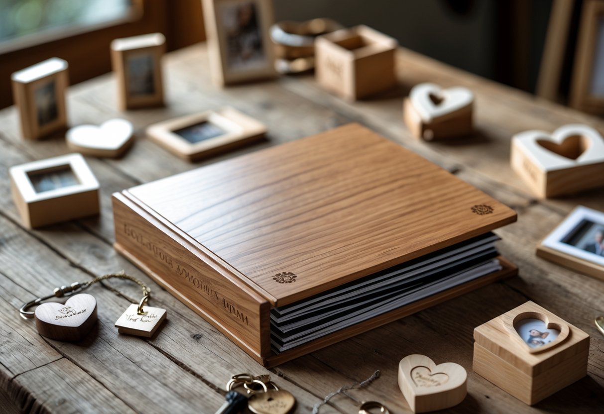 A wooden photo album open on a table surrounded by handcrafted wooden anniversary gifts including keychains and photo frames.