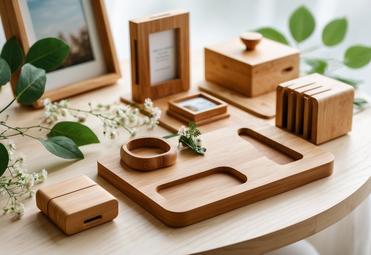 A collection of wooden home decor and accessories arranged as anniversary gift ideas on a light wood surface with green leaves and white flowers.