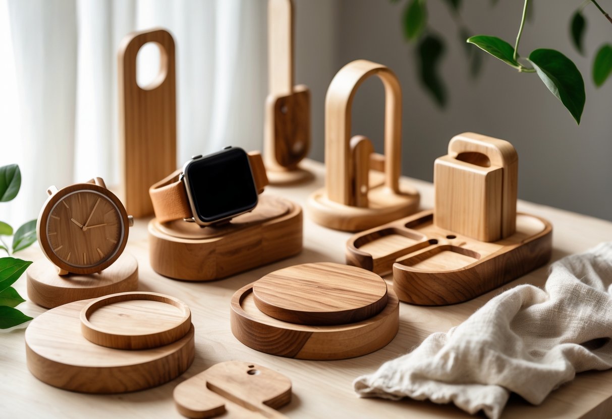 A collection of various wooden gifts including a watch, phone stand, key holder, and coasters arranged on a wooden table with natural lighting.