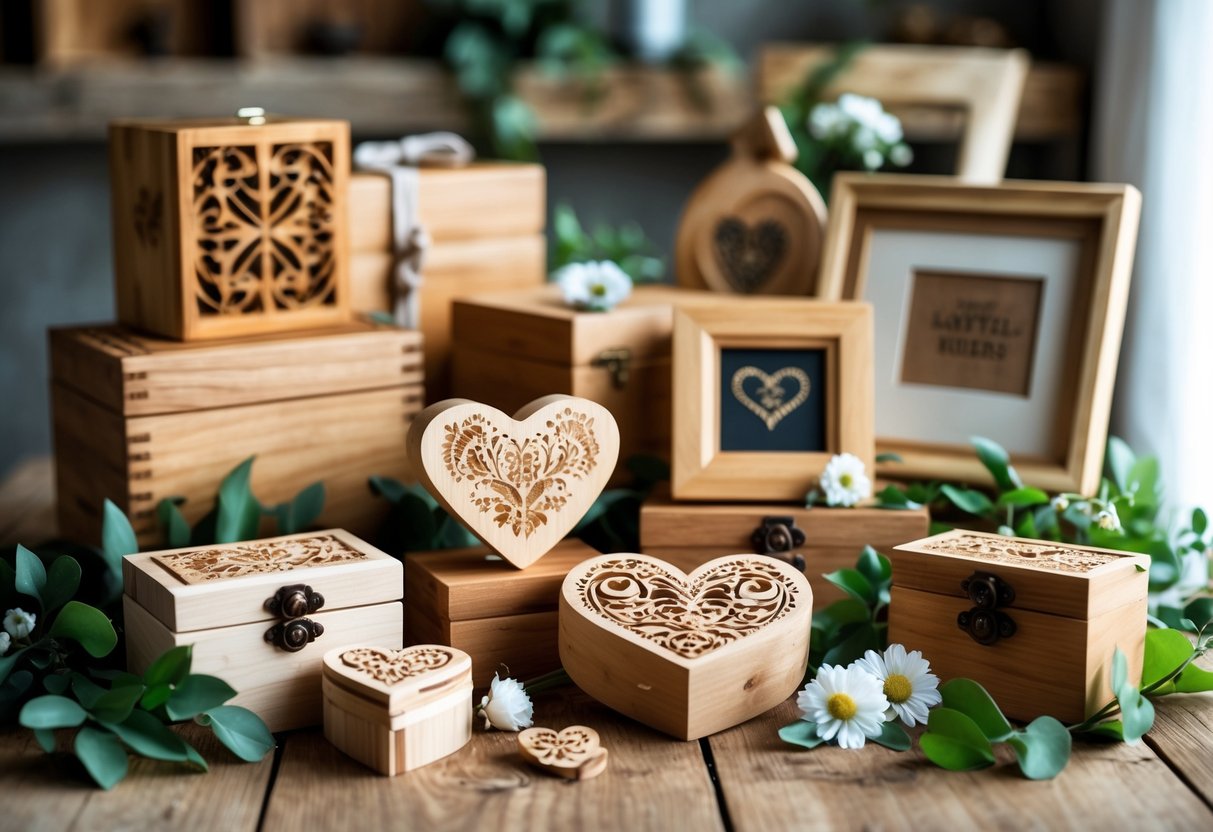 A collection of wooden anniversary gifts including carved boxes, heart-shaped keepsakes, and photo frames arranged on a wooden table with flowers.
