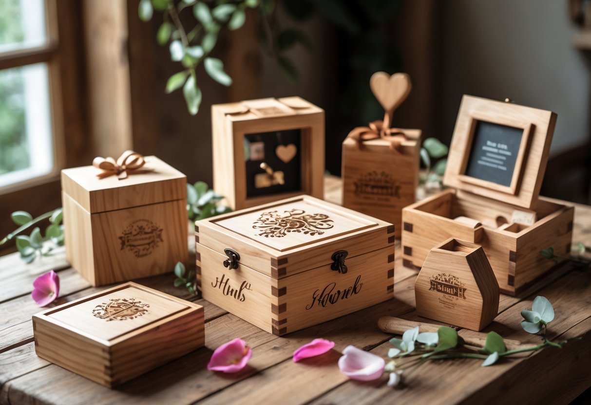 A collection of beautifully crafted wooden anniversary gifts displayed on a wooden table with soft lighting and romantic decorative elements.
