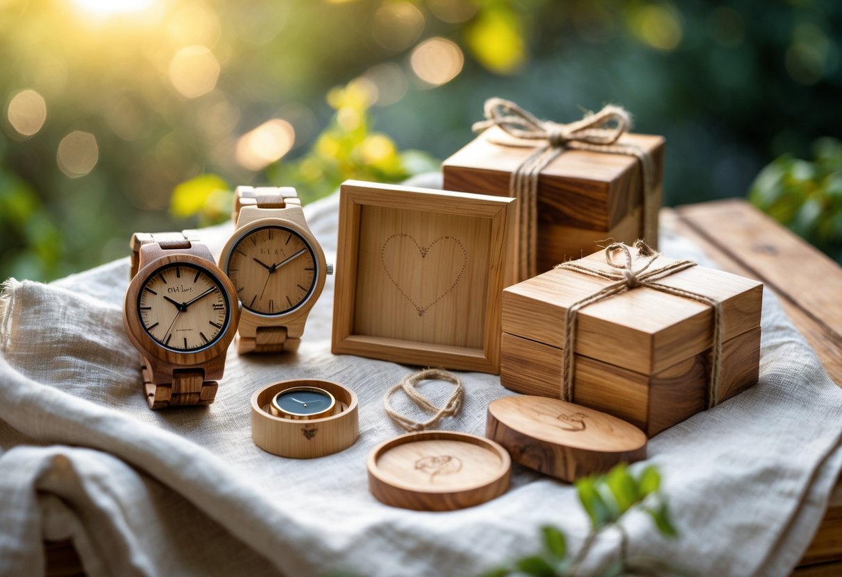 A collection of wooden anniversary gifts including watches, a photo frame, a jewelry box, and coasters arranged on a natural cloth with greenery in the background.