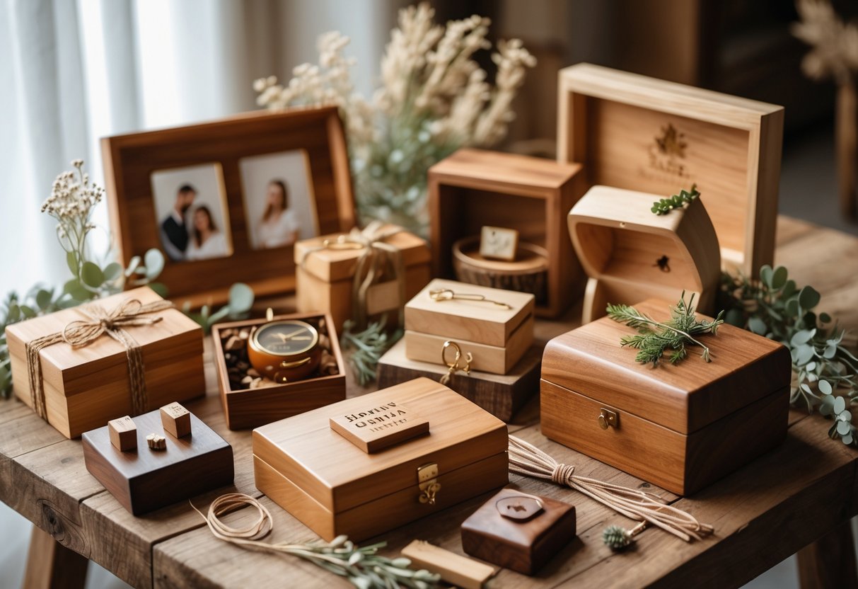 A collection of wooden anniversary gifts including photo frames, jewelry boxes, and engraved keepsakes arranged on a rustic wooden table with soft natural lighting.