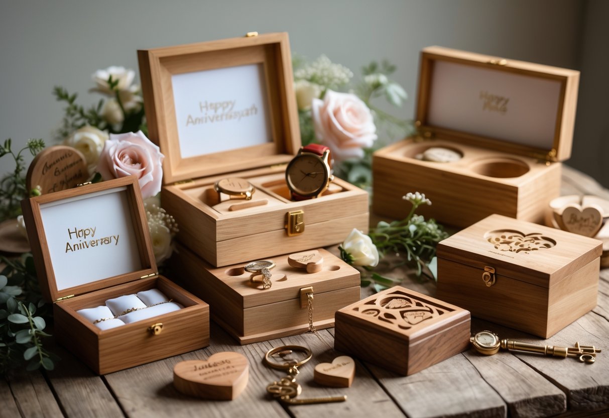 A collection of wooden anniversary gifts including photo frames, watches, and jewelry boxes arranged on a wooden table with flowers and decorative accents.