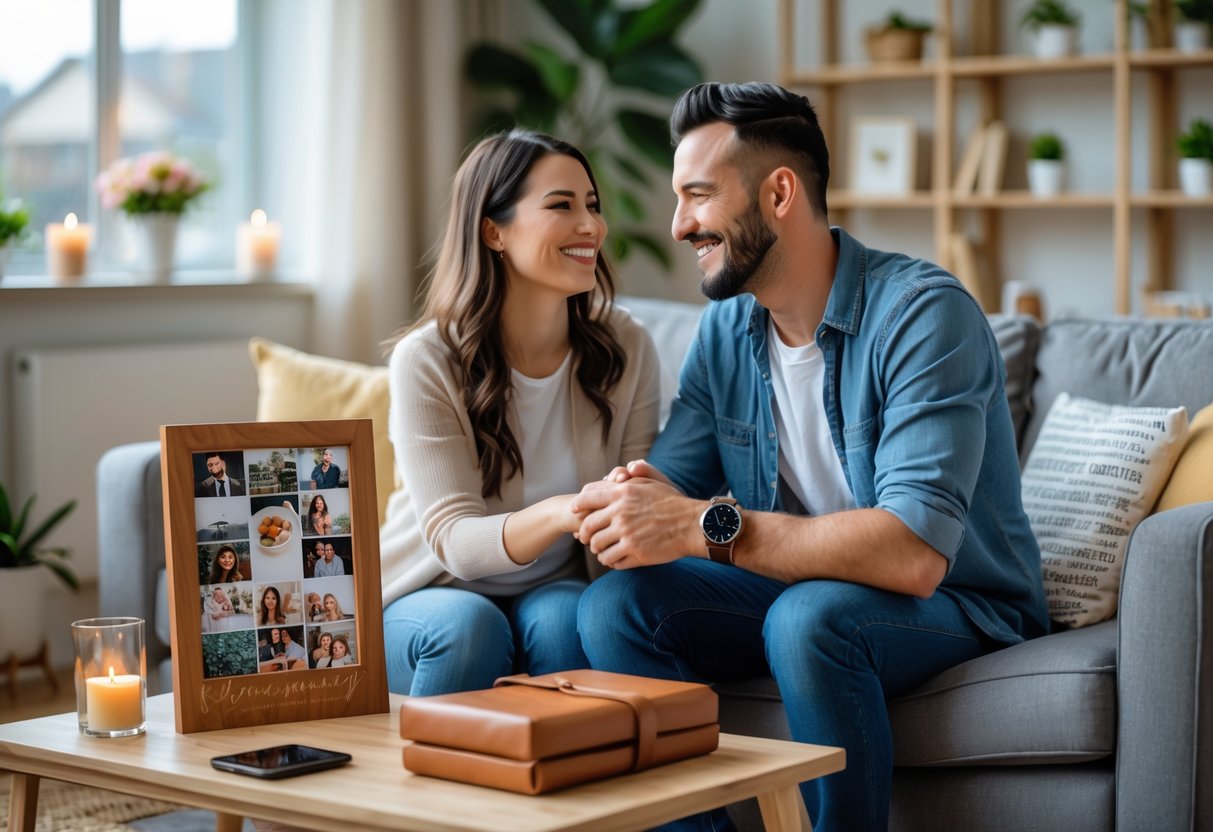 A happy couple sitting on a couch at home surrounded by thoughtful anniversary gifts, holding hands and smiling at each other.
