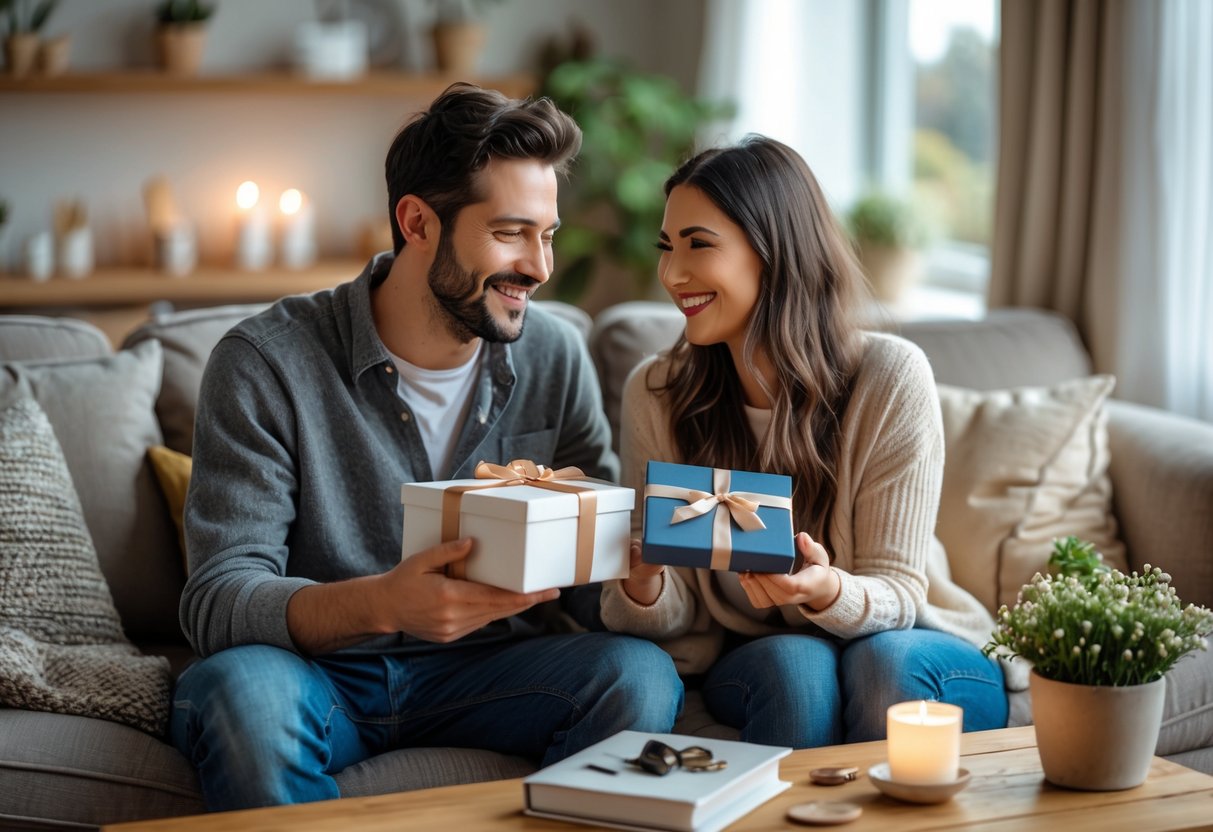 A couple sitting on a sofa exchanging thoughtful anniversary gifts in a cozy living room.