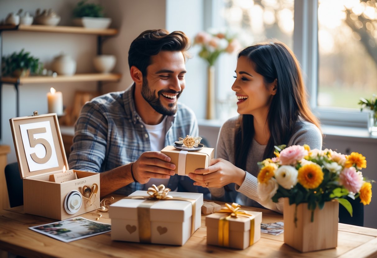 A happy couple exchanging anniversary gifts at a cozy table with flowers and candles.