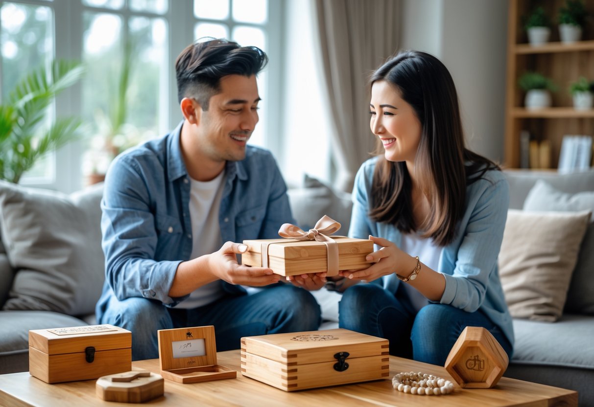A couple exchanging and appreciating handcrafted wooden gifts in a cozy living room setting.
