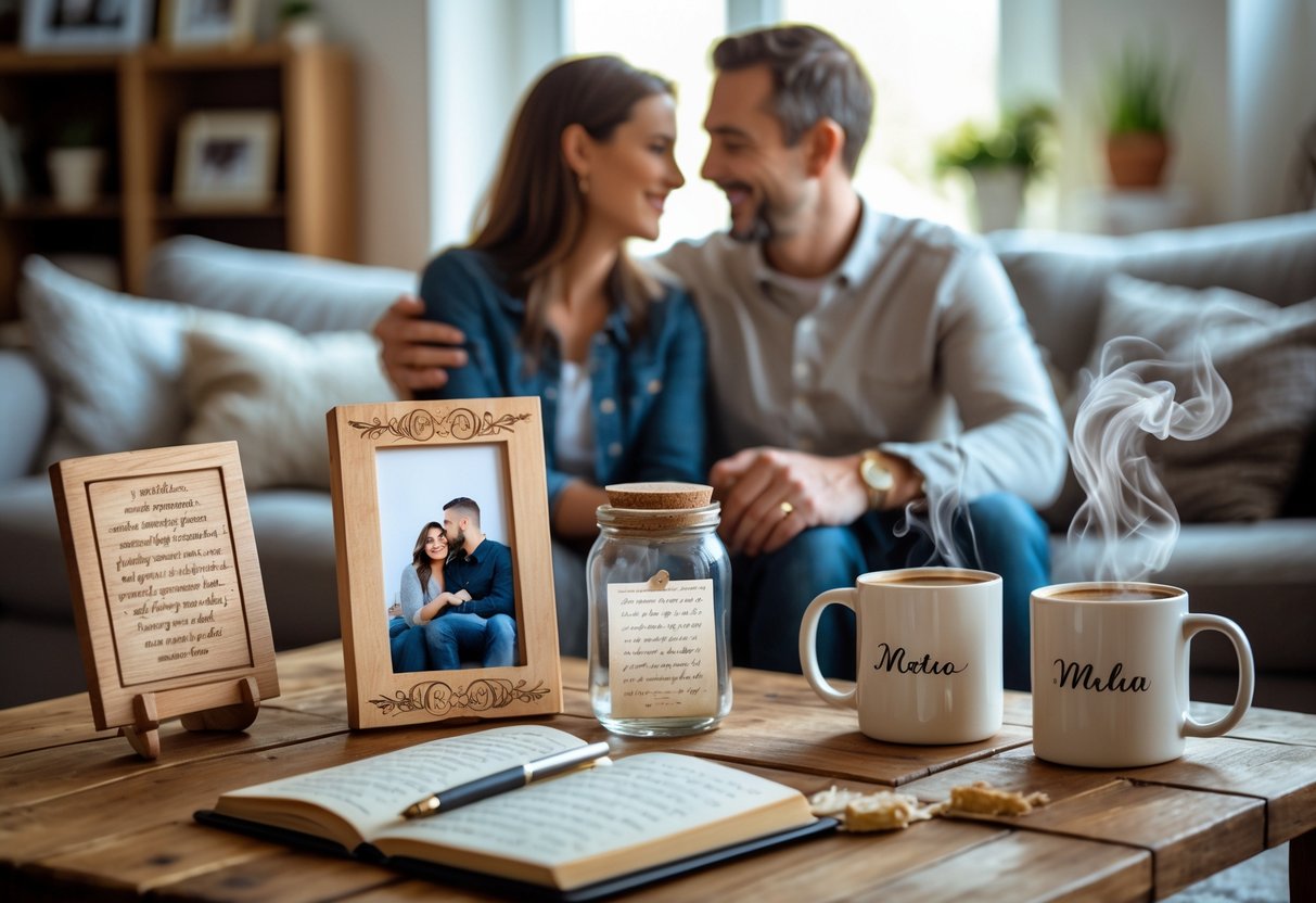 A couple sharing a tender moment in their living room with a wooden table displaying sentimental anniversary gifts like a photo frame, love notes in a jar, a journal, and matching mugs.