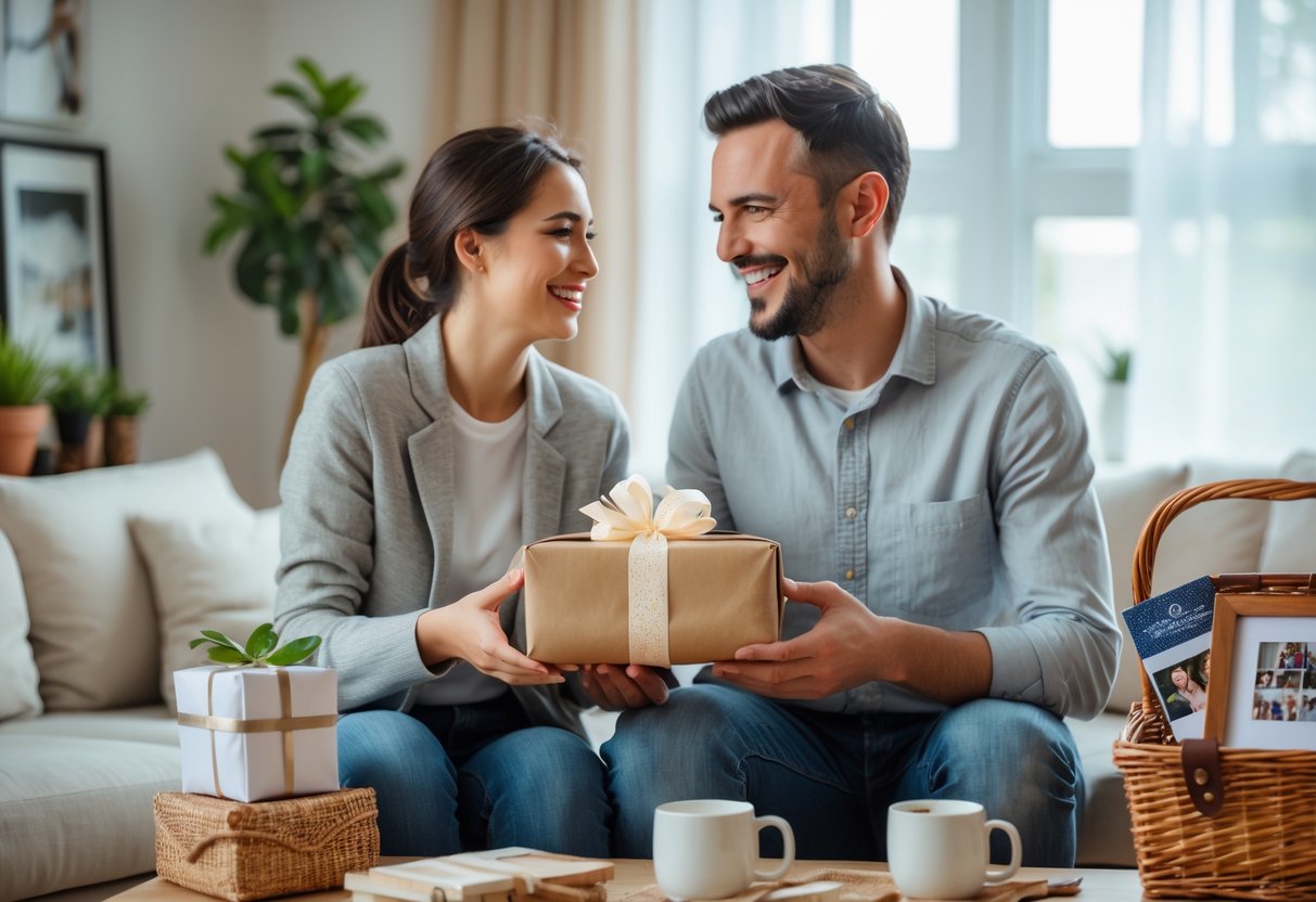 A couple exchanging thoughtful anniversary gifts in a cozy living room filled with warm natural light.