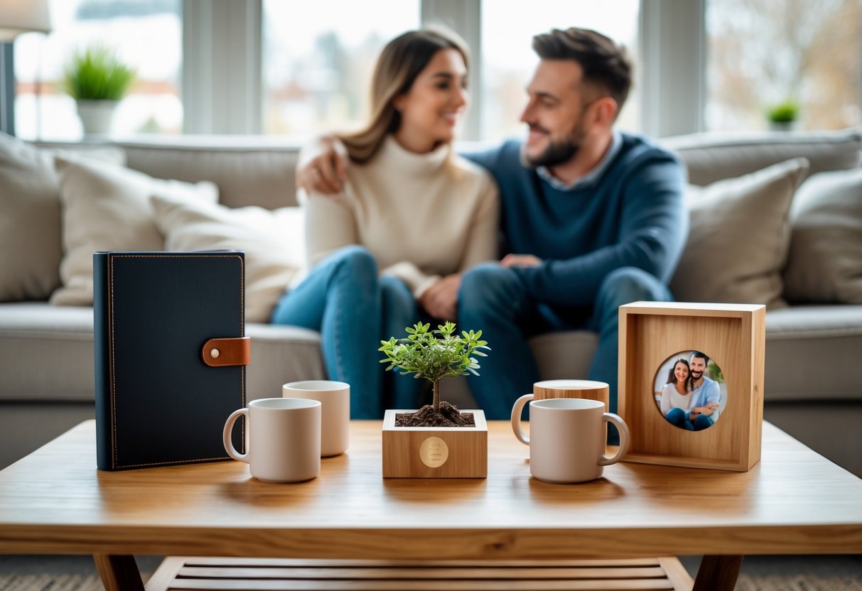 A couple sitting on a sofa in a living room with a coffee table displaying five unique anniversary gifts including a journal, potted plant, photo frame, coffee mugs, and a wooden box.