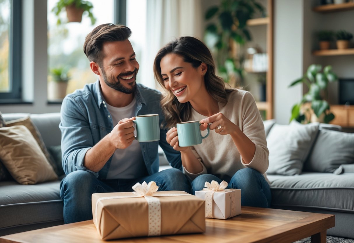 A smiling couple sitting together in a cozy living room using practical anniversary gifts like coffee mugs and a smart device.