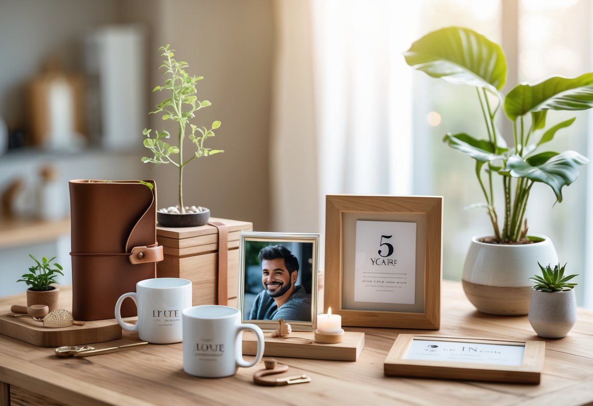 A collection of unique 5-year anniversary gifts for couples arranged on a wooden table, including a leather journal, kitchen gadget, matching mugs, photo frame, potted plant, and silver jewelry.
