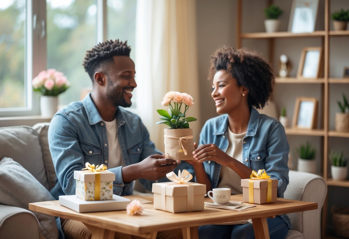 A couple sitting at a table exchanging thoughtful anniversary gifts in a cozy home setting.