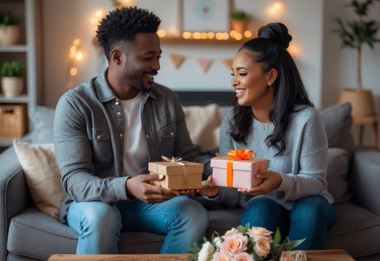 A couple happily exchanging personalized and practical anniversary gifts in a cozy living room decorated with soft lights and flowers.