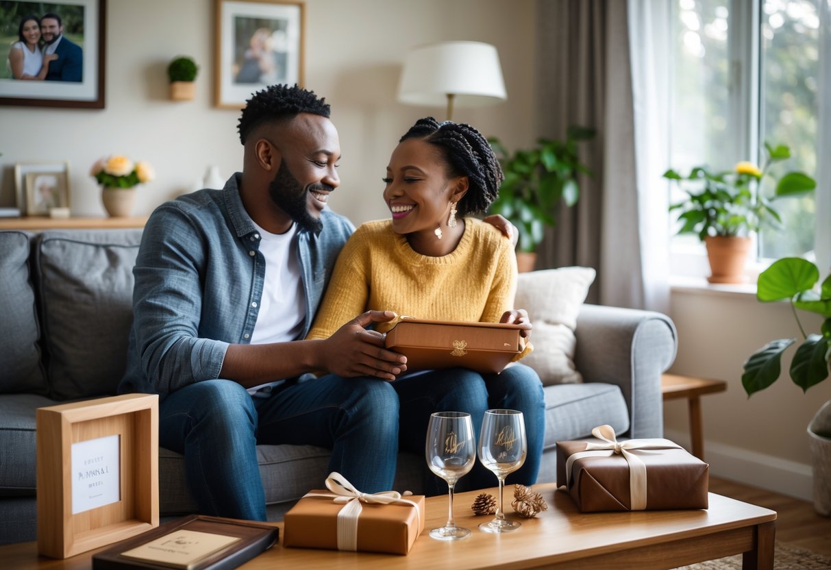 A couple sitting on a sofa exchanging thoughtful anniversary gifts in a cozy living room.