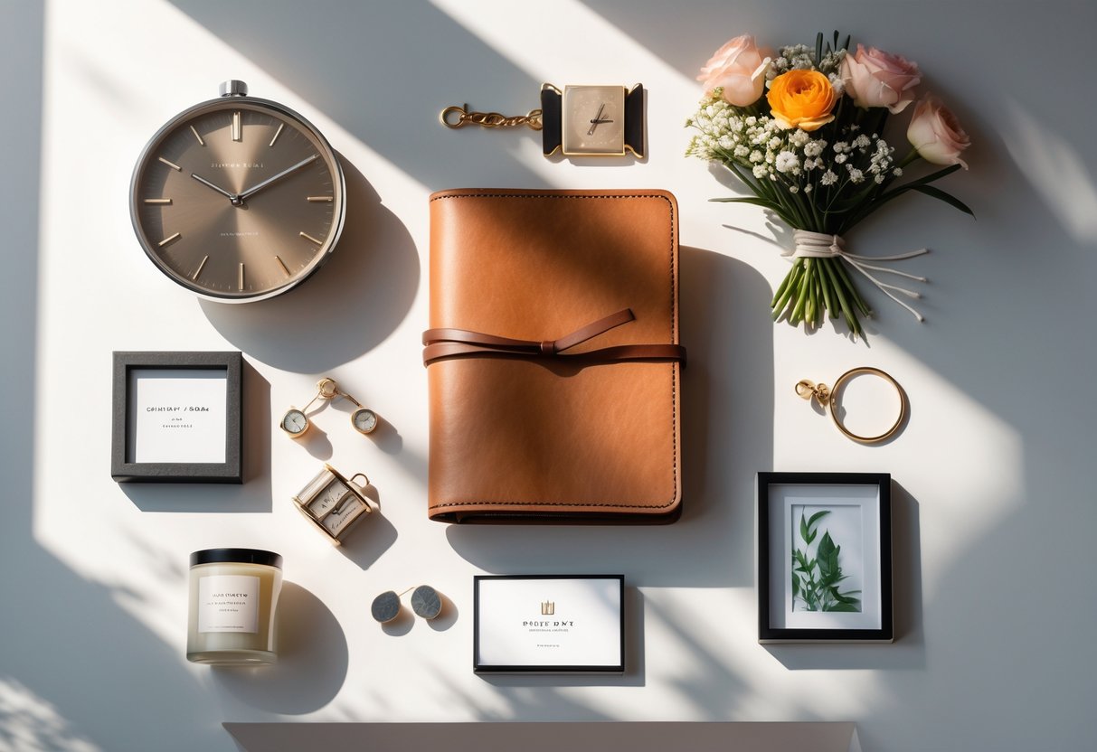 A flat lay of various 5-year anniversary gifts including a watch, journal, flowers, cufflinks, photo frame, and candle arranged on a wooden surface.