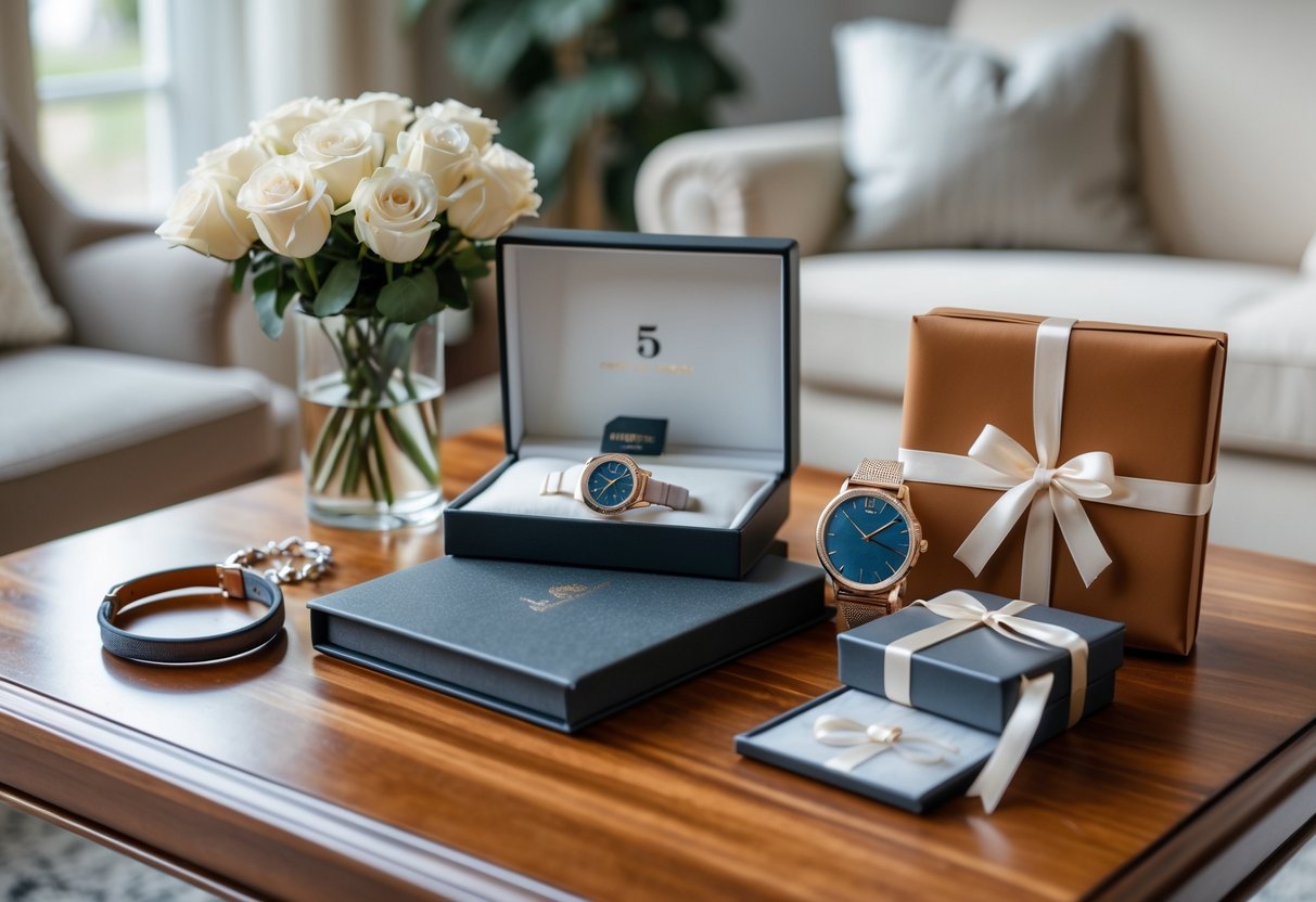 A table displaying a variety of 5-year anniversary gifts including a silver bracelet, white roses, a leather photo album, a watch, and a wrapped gift box in a cozy room.