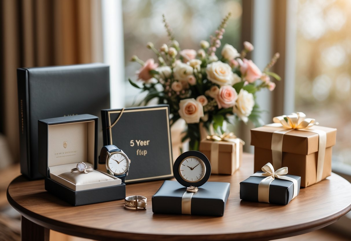A table with various 5-year anniversary gifts including jewelry, a watch, a photo album, flowers, and a wrapped gift box.