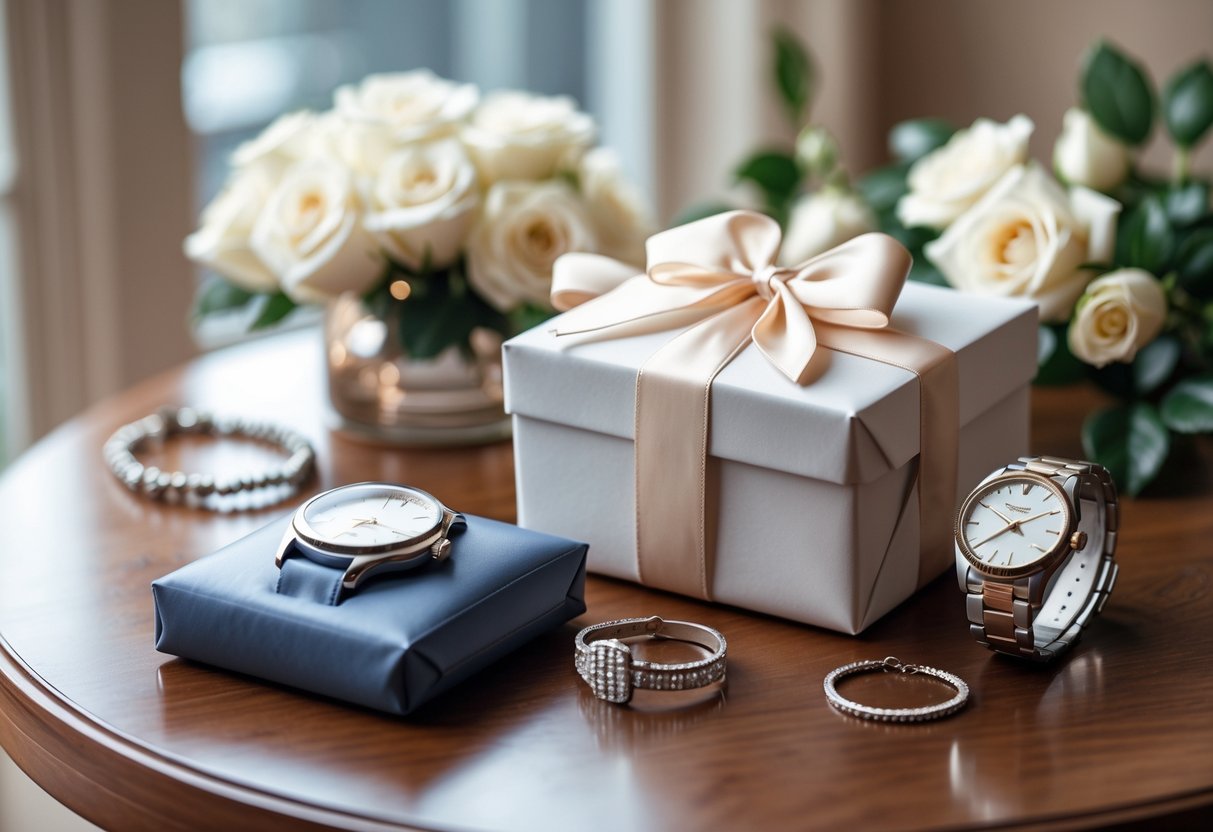 A wrapped gift box with a ribbon, a wristwatch, jewelry, and white roses arranged on a wooden table.